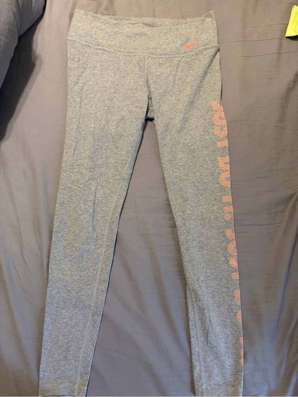 Nike Gray Leggings with Pink Logo and Side Text